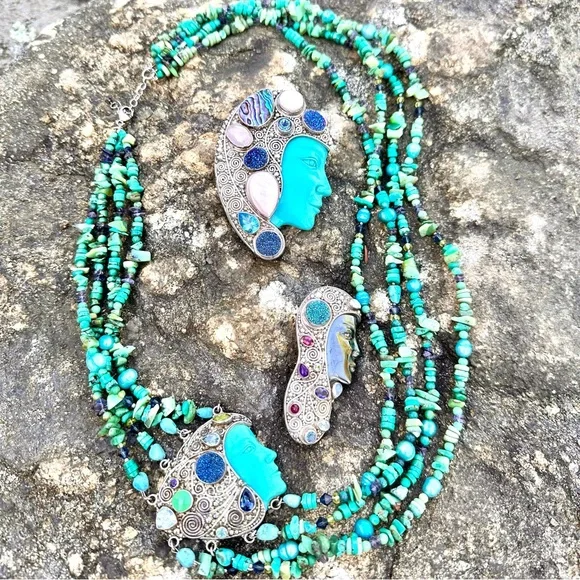 Vintage Sajen Carved Turquoise Goddess Brooch 925 Silver - Picture 3 of 5